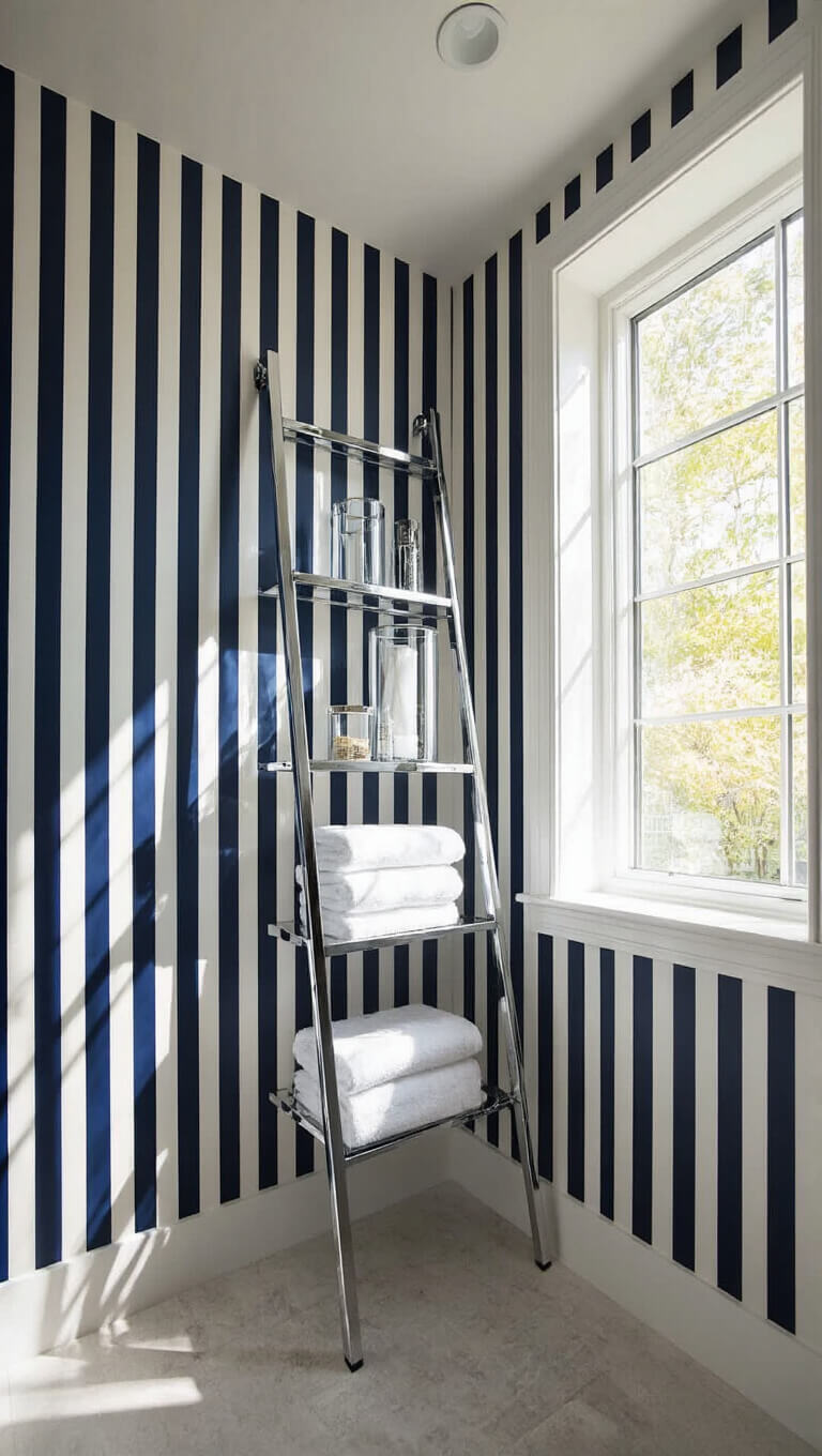 Low-angle view of a small bathroom with vertical navy and white striped wallpaper, chrome ladder shelf with towels and jars, and golden hour light casting shadows through a window.