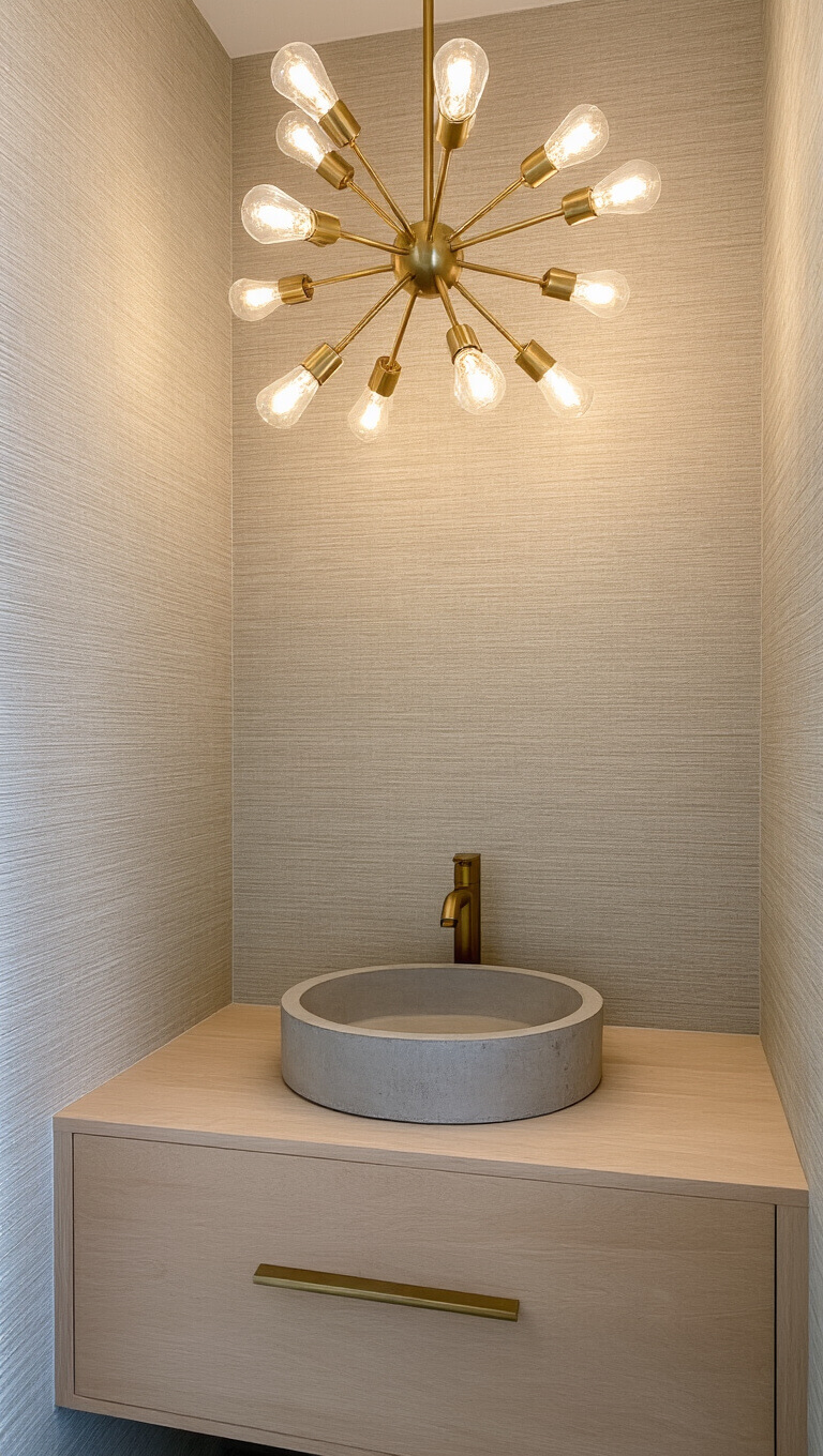 Close-up of a small powder room with taupe grasscloth wallpaper, floating bleached maple vanity, concrete vessel sink, brass hardware, and sputnik chandelier.