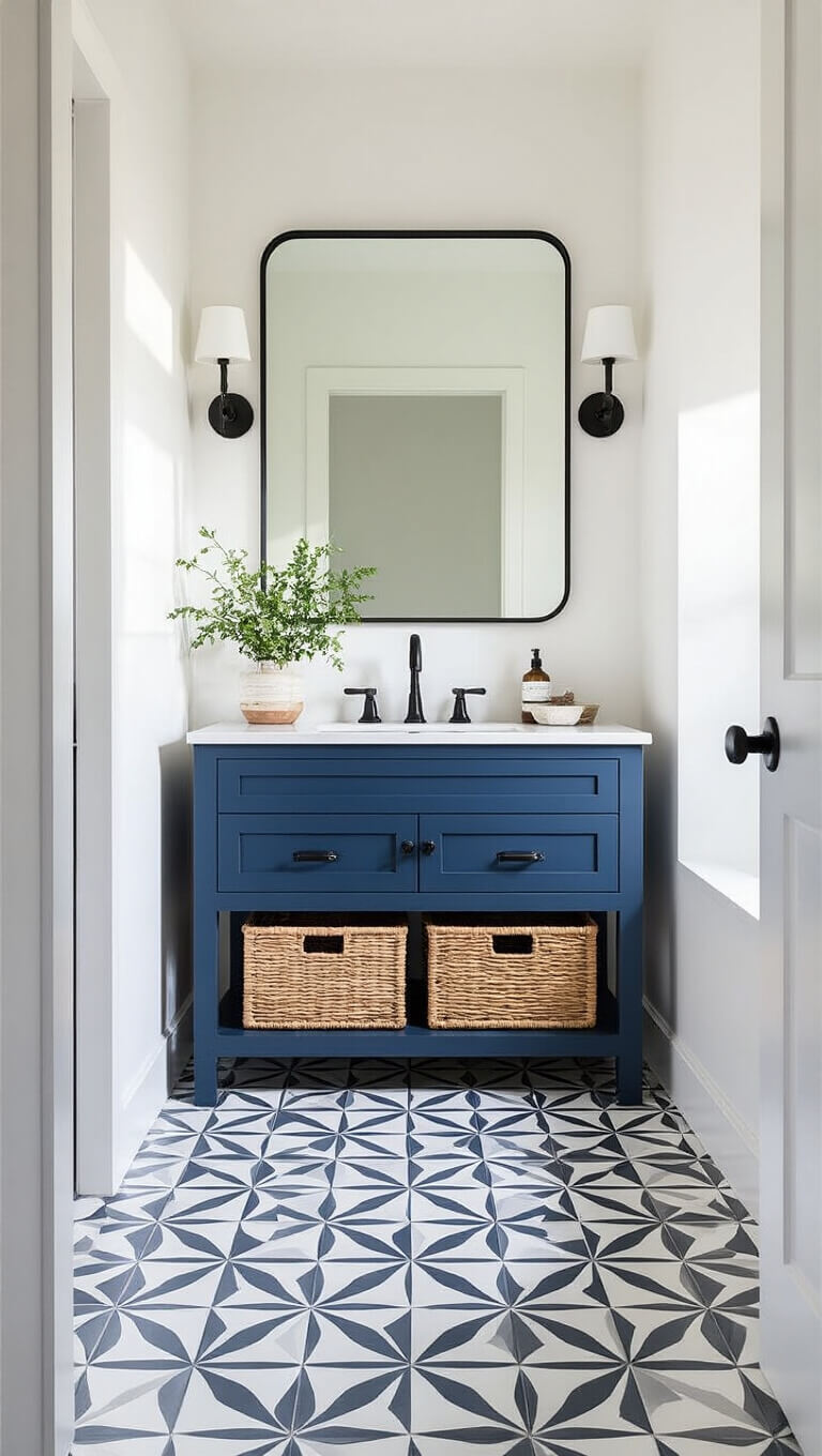 Symmetrical 6x6ft bathroom with gray and white geometric tile floor, navy wall-mounted vanity, white walls, rattan baskets, and dramatic morning light shadows.