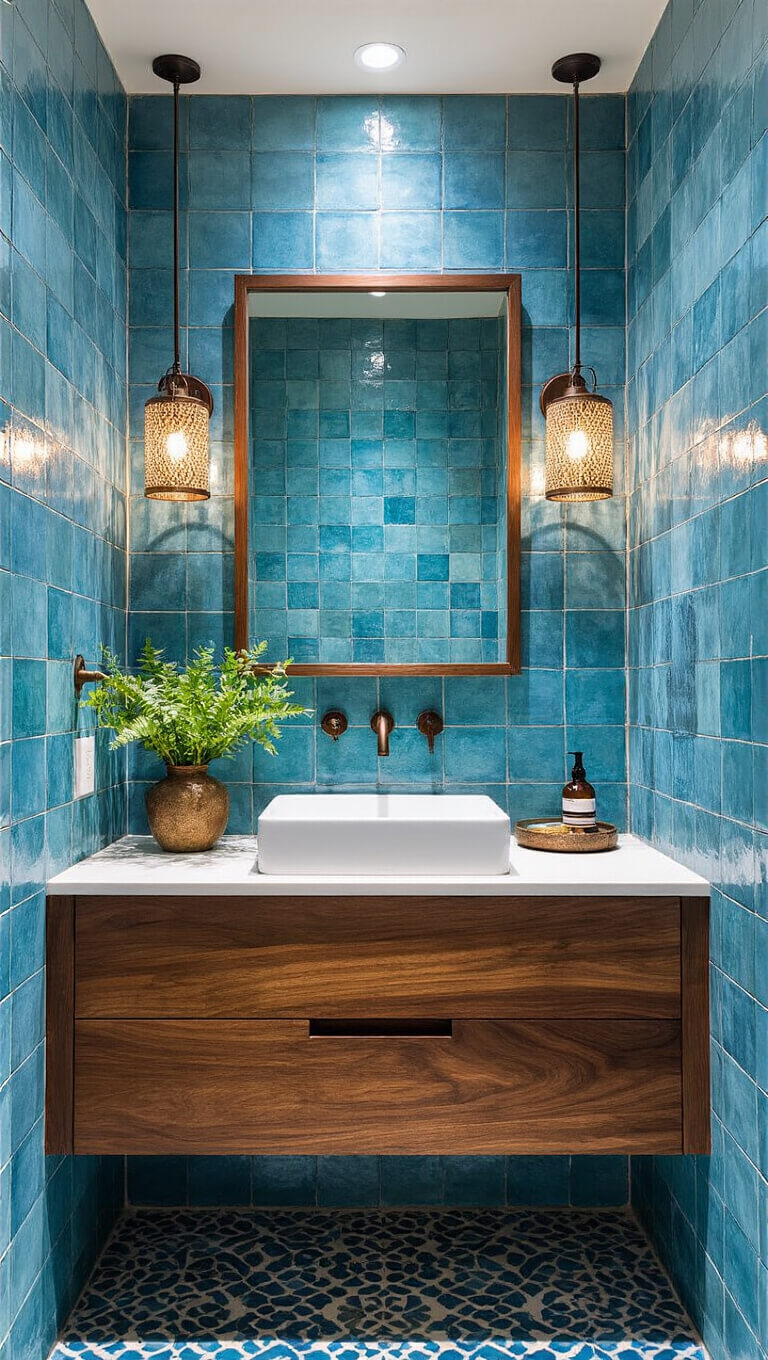 5x5ft bathroom with hand-painted blue Moroccan zellige tiles, walnut floating vanity, hammered metal accents, and dramatic uplighting highlighting textures.