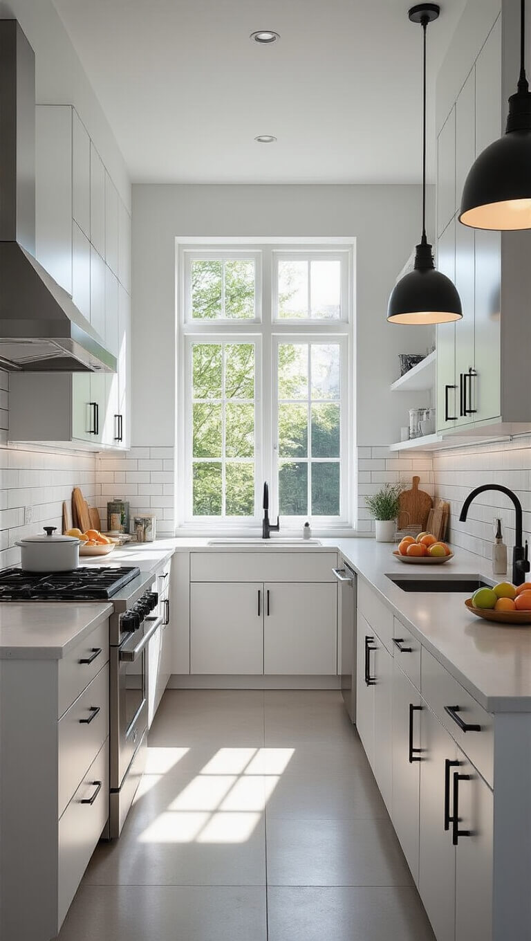 Modern minimalist 8x10ft kitchen with white handleless cabinets, quartz countertops, stainless appliances, and morning light from large window.
