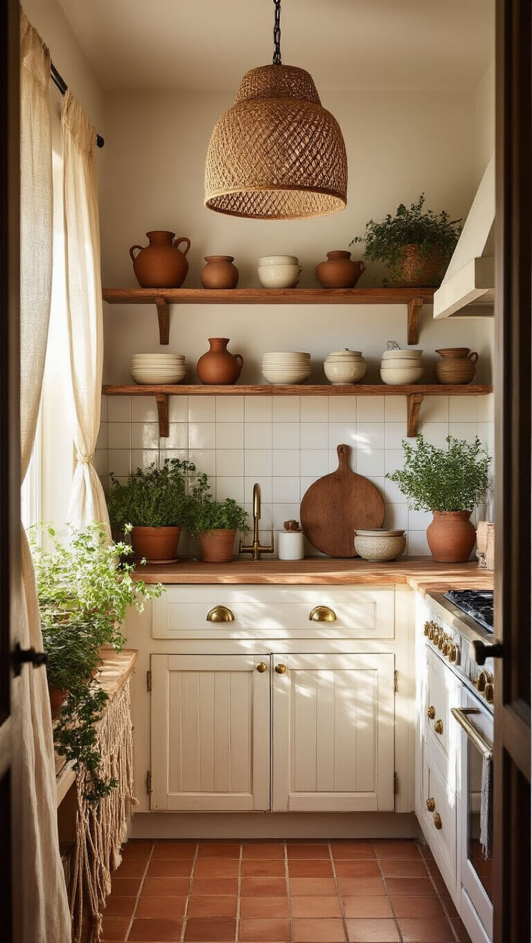 Boho-style galley kitchen with warm golden hour light, vintage open shelving with ceramics and herbs, terracotta tiles, whitewashed cabinets, and woven pendant lighting.