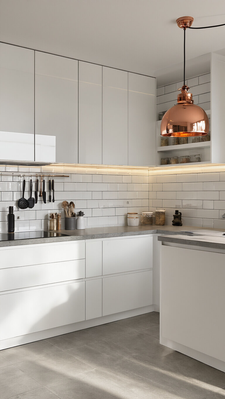Contemporary sunlit kitchen corner with glossy metro tiles, vertical storage, white cabinets, concrete countertops, and a copper pendant lamp.
