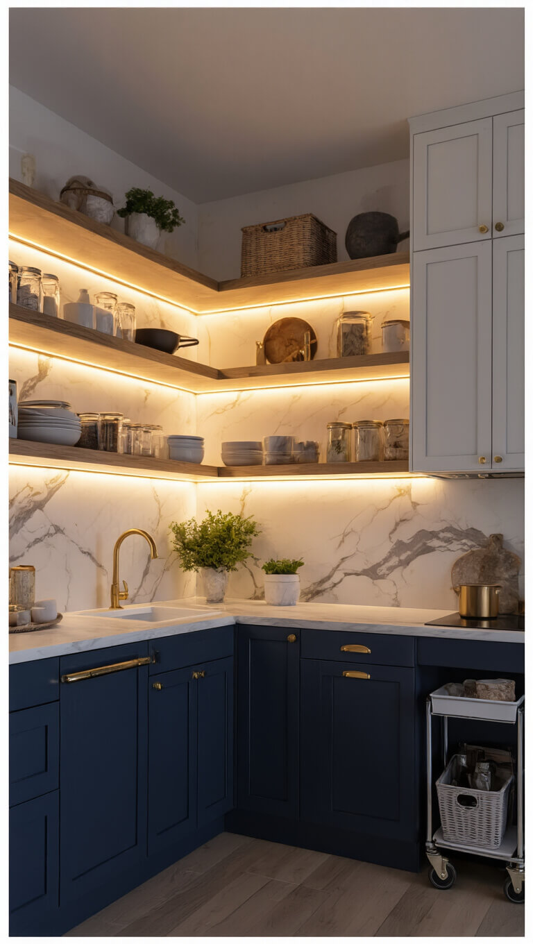 L-shaped 9x9ft moody kitchen at dusk with warm LED accent lighting, navy lower cabinets, white uppers, brass hardware, marble backsplash, open shelving, and clever storage including rolling cart and door organizers.