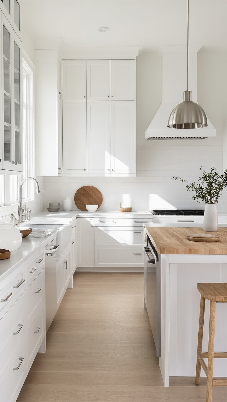 Minimalist 7x10ft white kitchen in soft light with hidden storage, compact butcher block island, and overhead view of clean, matte finishes.