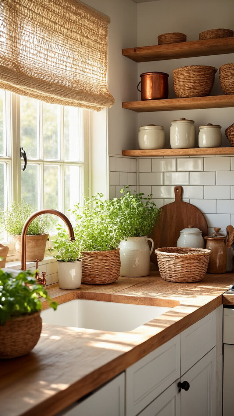 Bohemian 8x8ft kitchen bathed in morning sunlight with wooden countertops, woven baskets, ceramic canisters, potted herbs, and copper accents against white subway tiles.