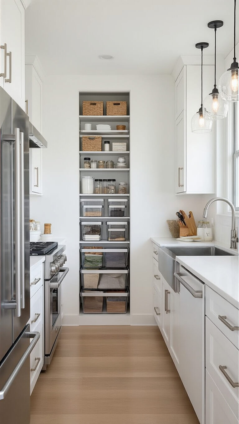 Modern galley kitchen with floor-to-ceiling pantry, white cabinets, stainless steel appliances, and glass pendant lights in morning light.