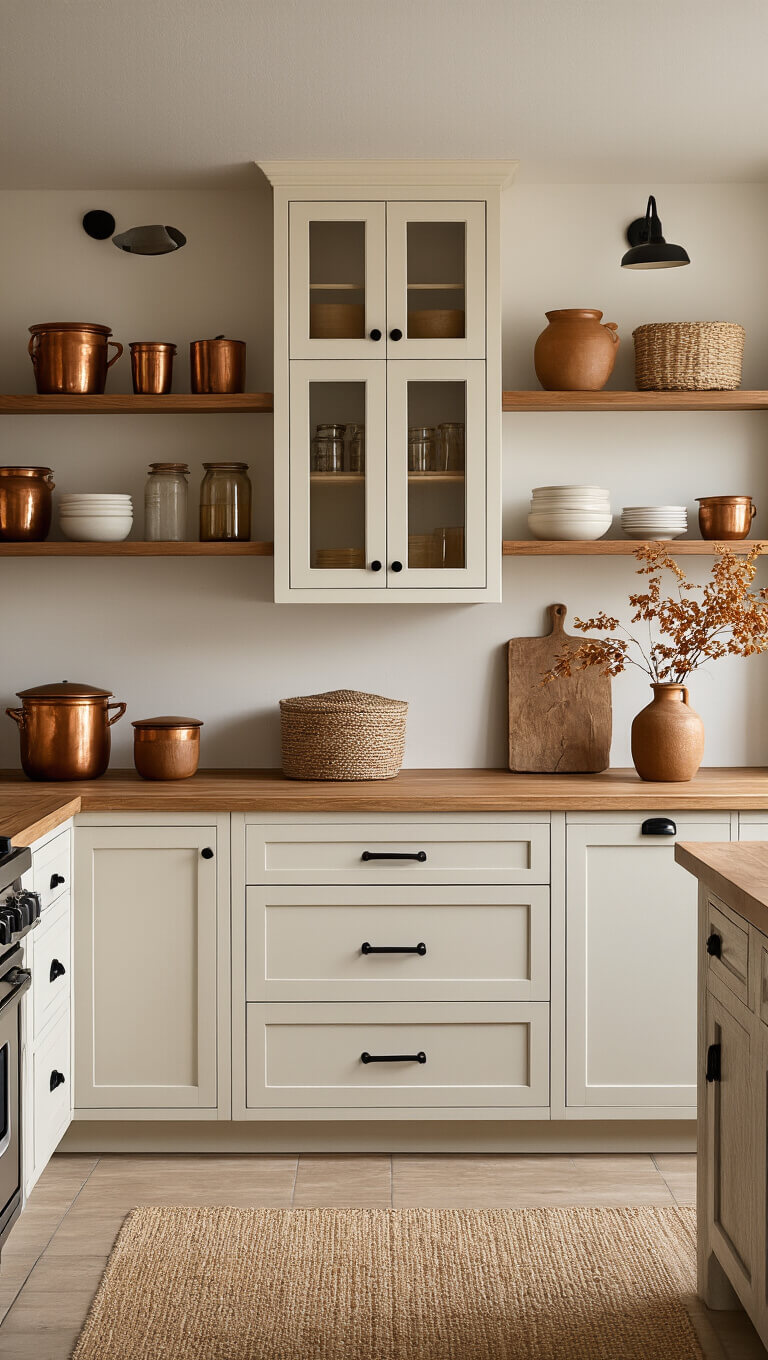 Cozy 6x8ft fall-themed kitchen with cream cabinets, matte black hardware, open shelves holding amber glass and earthenware, warm light highlighting copper and wood accents.