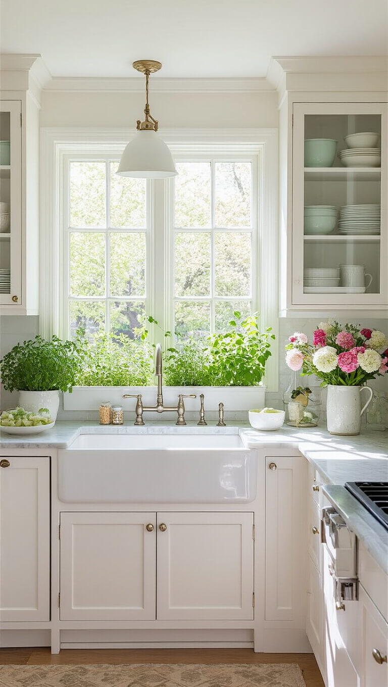 Bright spring-themed kitchen with white cabinets, marble countertops, pastel accents, and herb garden window in natural daylight.