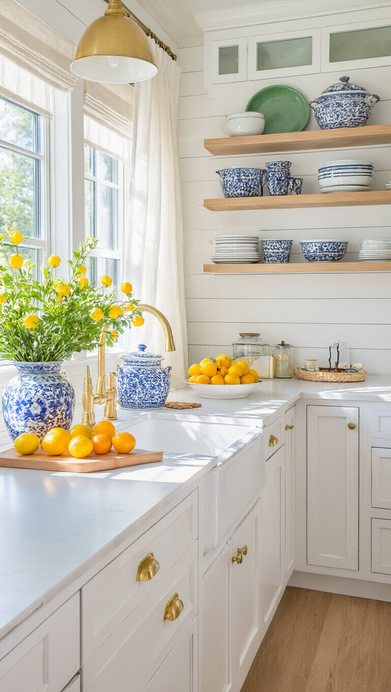 Bright summer kitchen with citrus display, colorful dishes, and brass accents in late afternoon light.