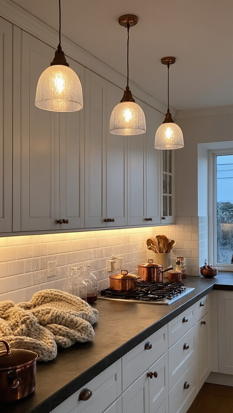 Cozy twilight kitchen with white cabinets, dark countertops, copper cookware, and warm under-cabinet lighting highlighting knit textures and brushed metal finishes.
