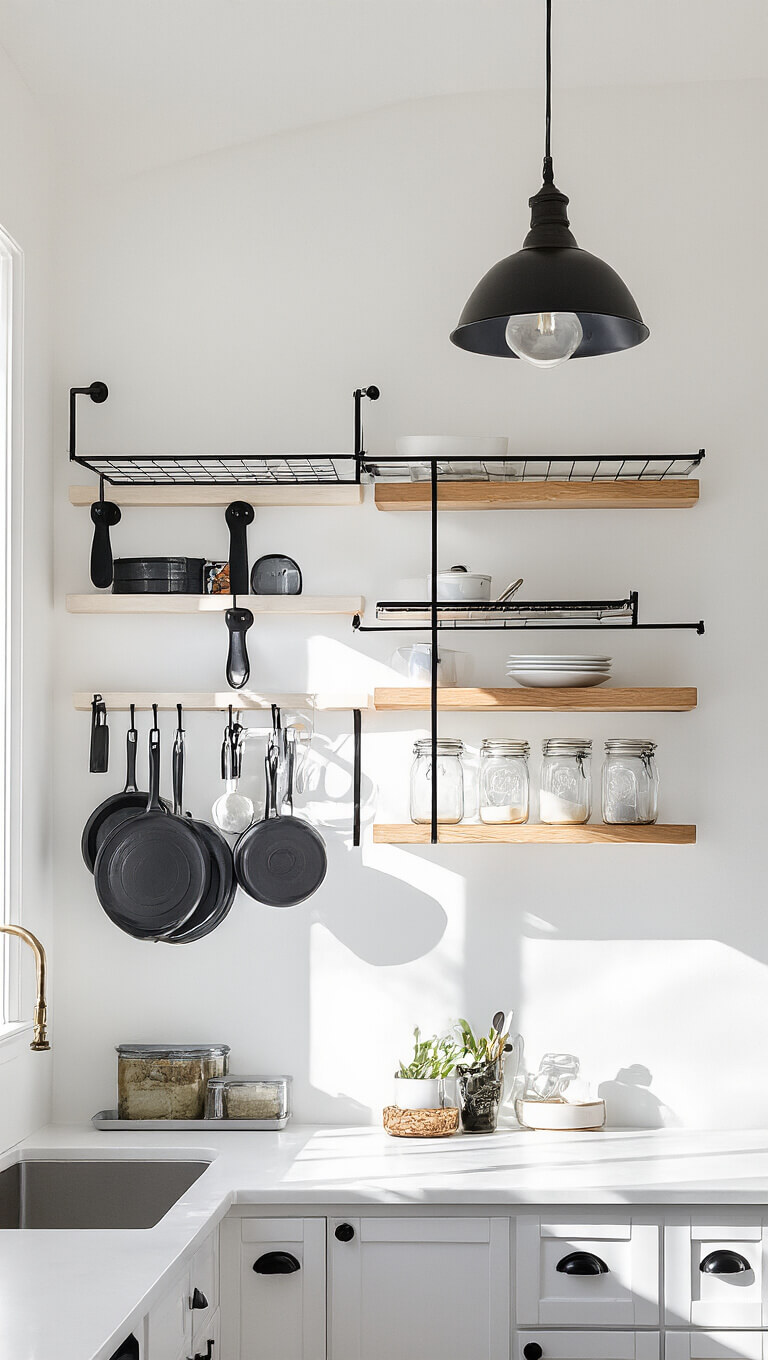 Compact 6x10ft kitchen with vertical storage, white walls, black hardware, floating shelves, and glass canisters lit by midday sun.