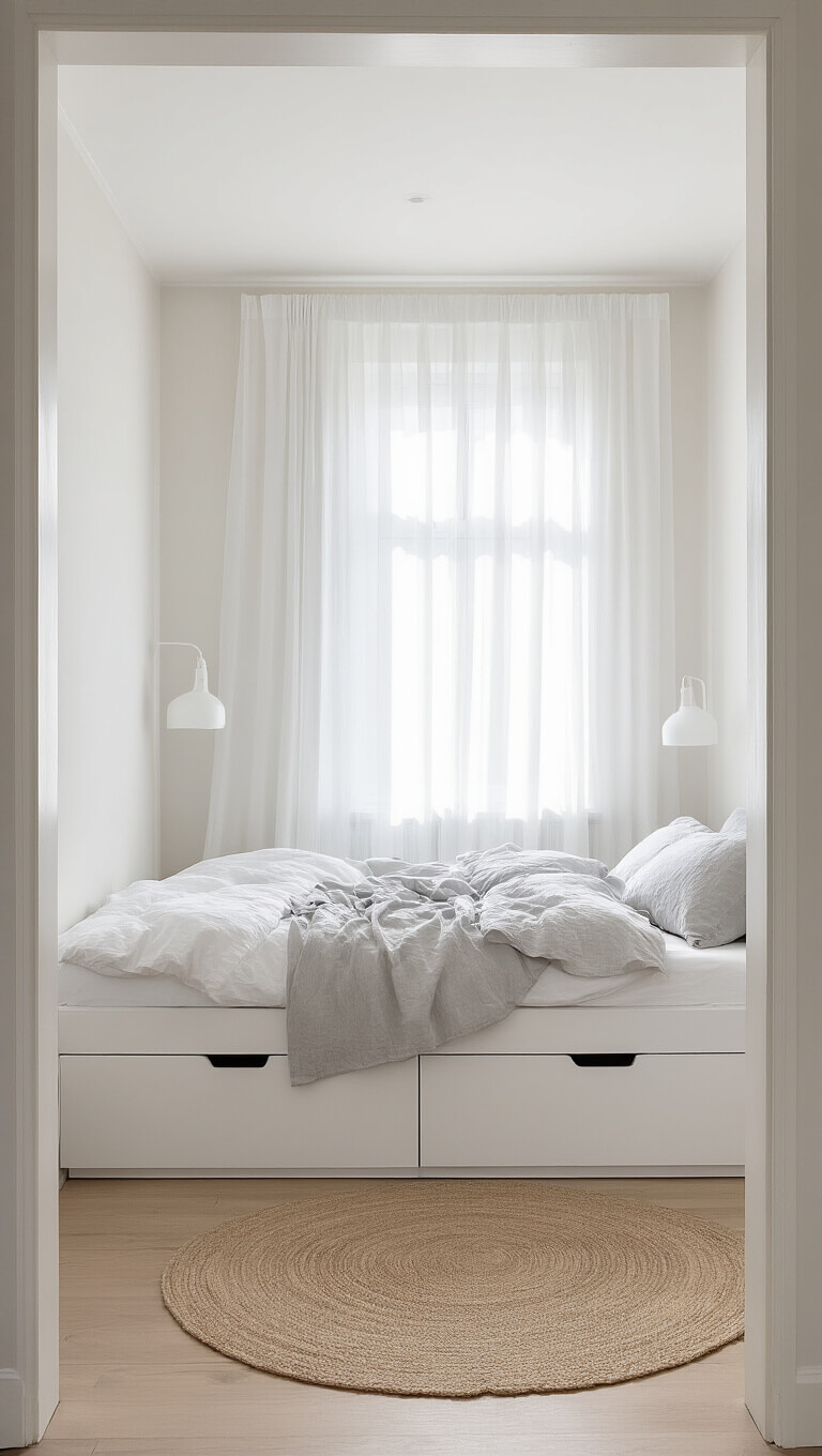 Minimalist Scandinavian bedroom with low platform bed, white linens, and pale wood accent wall, lit by morning light through sheer curtains.