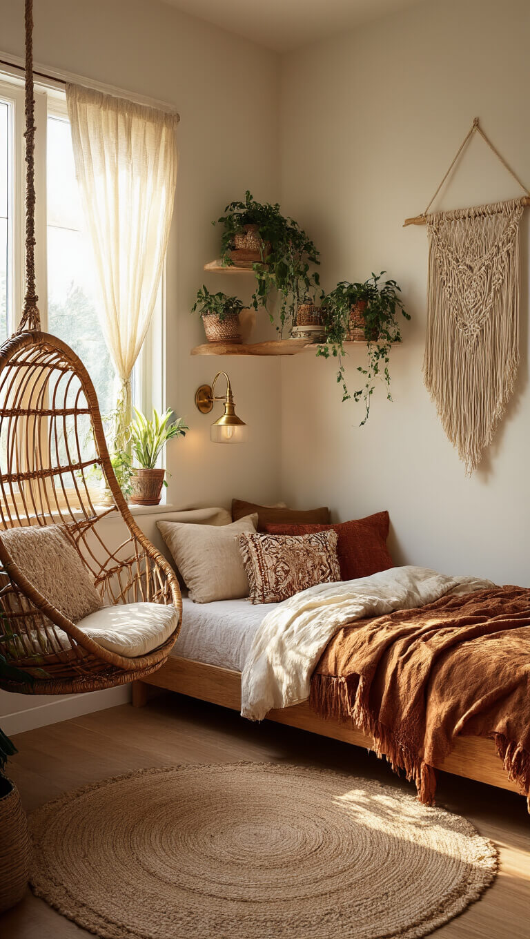 Cozy boho tiny bedroom with rattan hanging chair by window, macramé above low wooden bed, earth-tone textiles, potted plants on floating shelves, and vintage brass sconces in warm golden hour light.