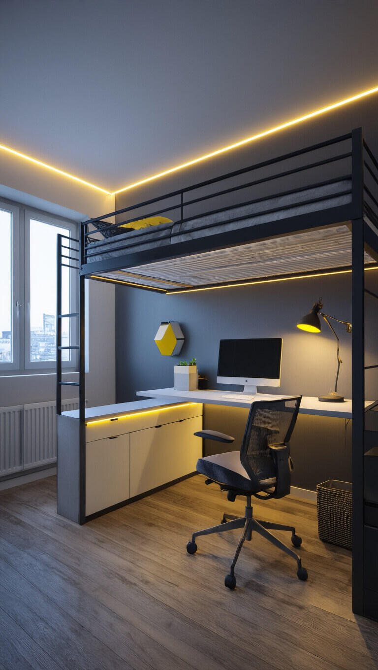 Modern loft bedroom with industrial metal loft bed over workspace, charcoal and white decor with yellow accents, LED strip lighting, shot from below at dusk.