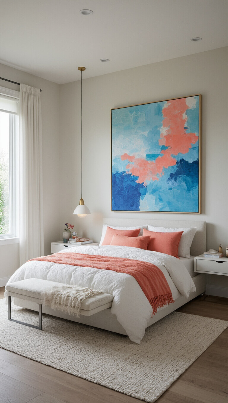 Bright 10x12ft bedroom with abstract blue and coral artwork above bed, floating nightstands, textured white bedding with coral accents, and soft natural and ambient lighting.