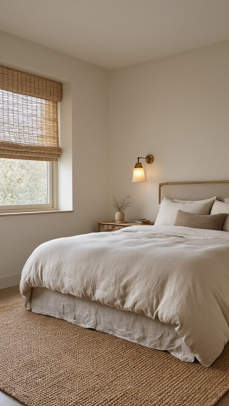 Cozy 11x13ft bedroom at twilight with layered cream and taupe bedding, jute rug, bamboo blinds, linen headboard, and brass wall sconces in warm lighting.