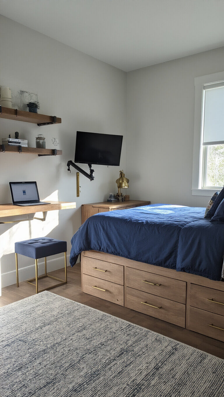 High-angle view of a 9x12ft multifunctional room with queen bed featuring storage drawers, fold-down desk, wall-mounted TV on articulating arm, in navy and gray tones with brass accents, captured in bright midday lighting.