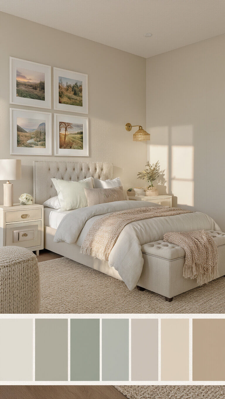 Sunlit 10x10ft bedroom with spring pastel accents, upholstered storage bench, wall grid photo display, and layered textures at sunrise.