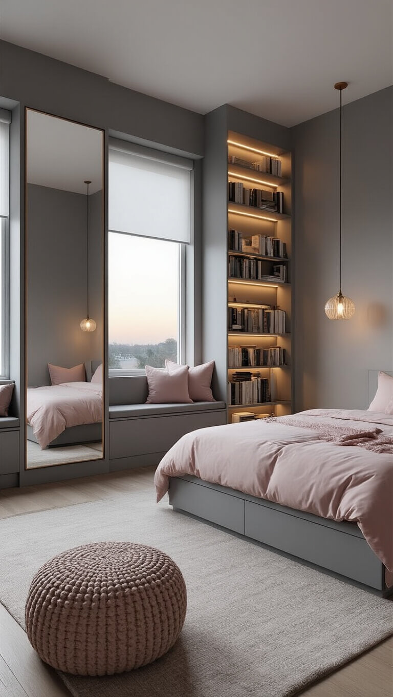 Mirror reflection of a cozy 8x11ft gray-toned room at dusk with a tall bookcase, platform bed with storage, and soft blush accents illuminated by strategic lighting.
