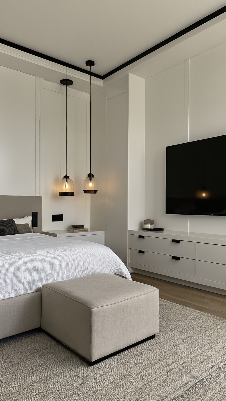 Contemporary 11x11ft bedroom with built-in headboard wall, integrated nightstands, pendant lights, floating media unit, and warm white tones with black accents in bright morning light.