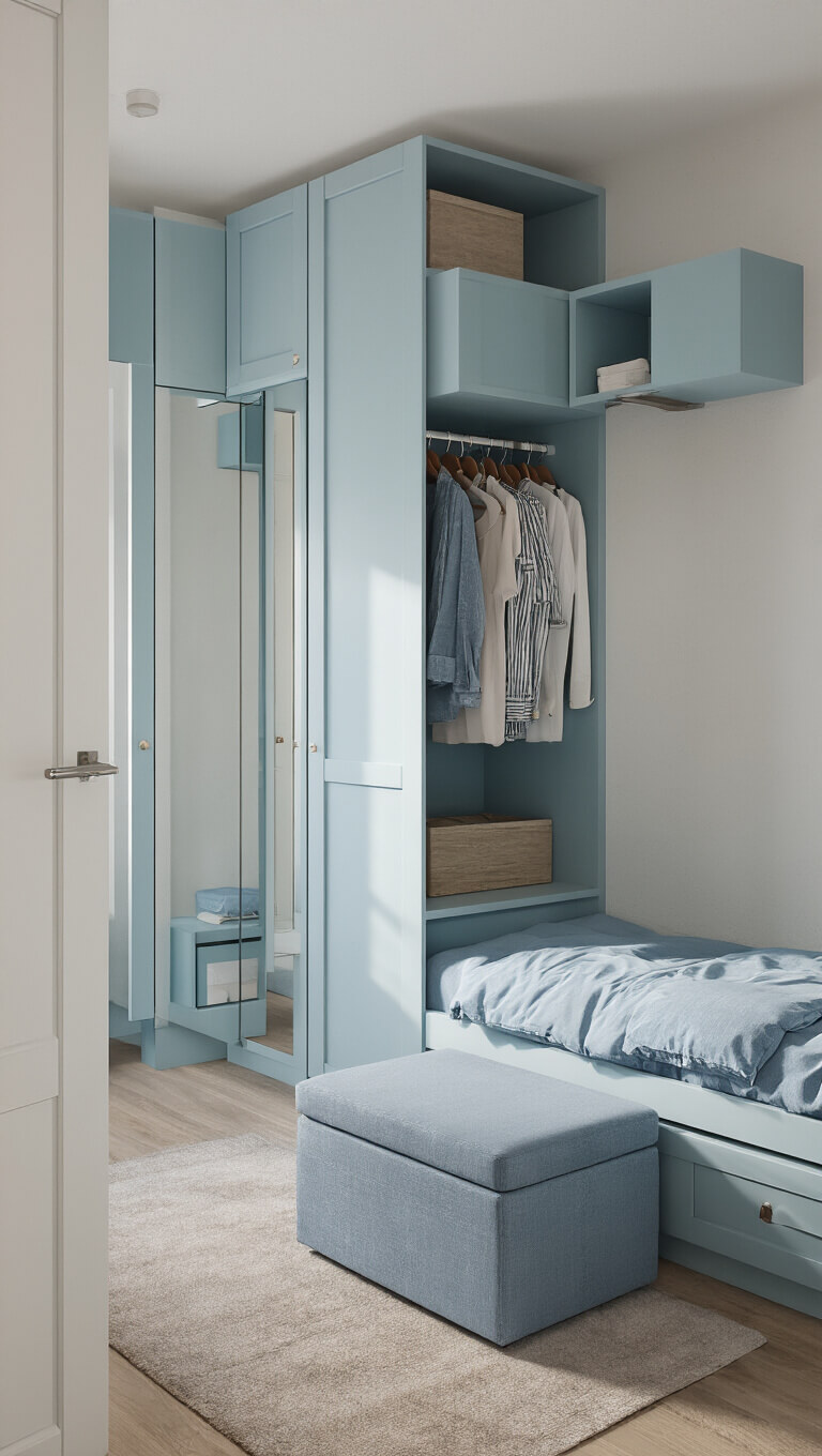 Smartly organized 9x10ft bedroom with ottoman bed, wall-mounted clothing rack, floating shelves, mirror wardrobes in pale blue and white, well-lit by natural and task lighting.