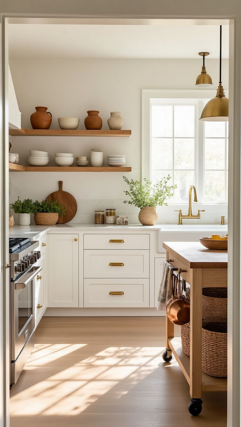Minimalist 8x10ft kitchen at golden hour with white shaker cabinets, brass hardware, wooden shelves, rolling island, and natural light over marble-look countertops.