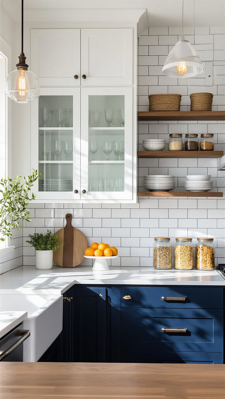 Small urban kitchen with white and navy cabinets, glass-front display, white subway tile, exposed bulb pendant light, citrus tree, and industrial shelves with jarred pantry items.