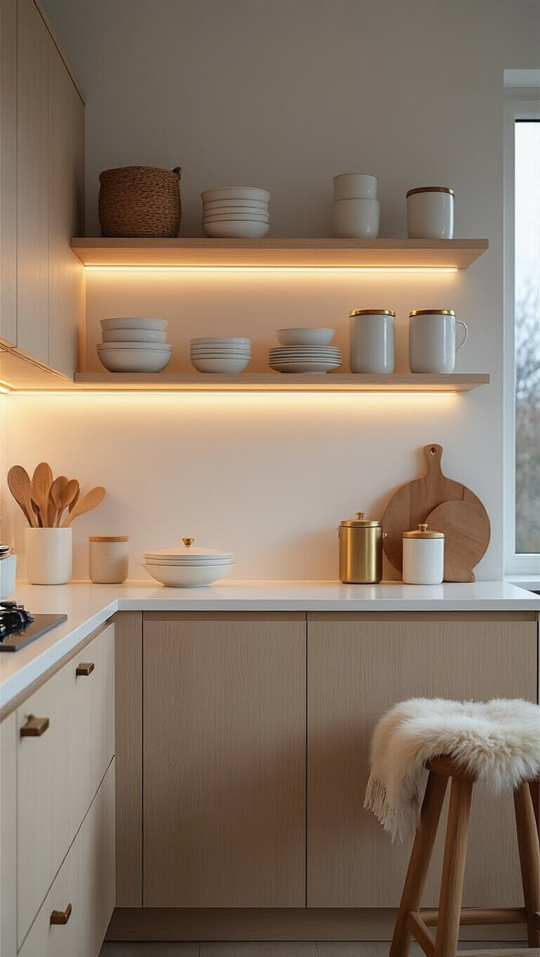 Scandinavian-style kitchen at dusk with under-cabinet LED lighting, white quartz countertops, pale wood shelves, and textured decor elements in soft focus.