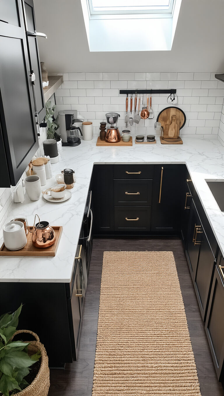 Overhead view of compact 5x7ft galley kitchen with marble-look counters, black cabinets, coffee station, and skylight-lit woven runner.