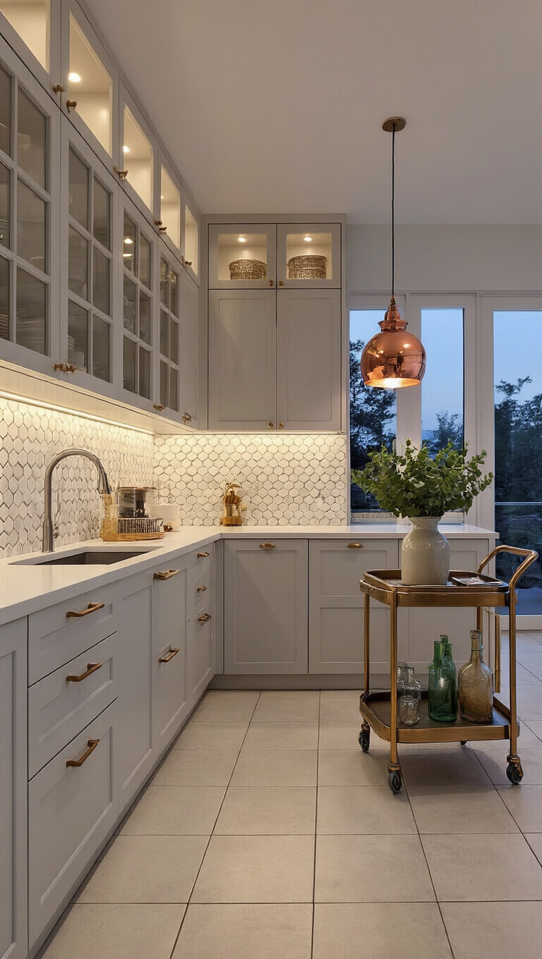 Modern 6x6ft kitchen at twilight with mixed metal finishes, glowing glass-front cabinets, geometric tile backsplash, and eucalyptus in ceramic vase.