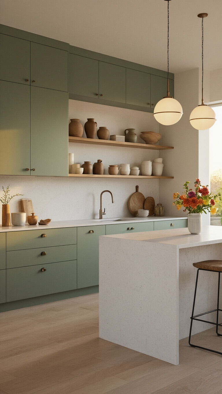 Low-angle view of contemporary 8x8ft kitchen at sunset with sage green cabinets, white quartz island, floating shelves with ceramics, and warm pendant lighting.