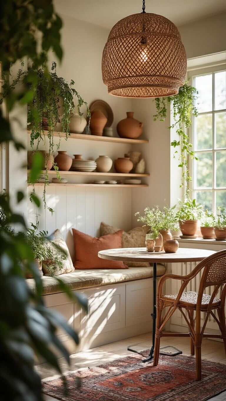 Bohemian kitchen nook with rattan pendant lighting, open shelving with earth-toned ceramics, vintage runner, bistro table, and trailing plants in morning light.