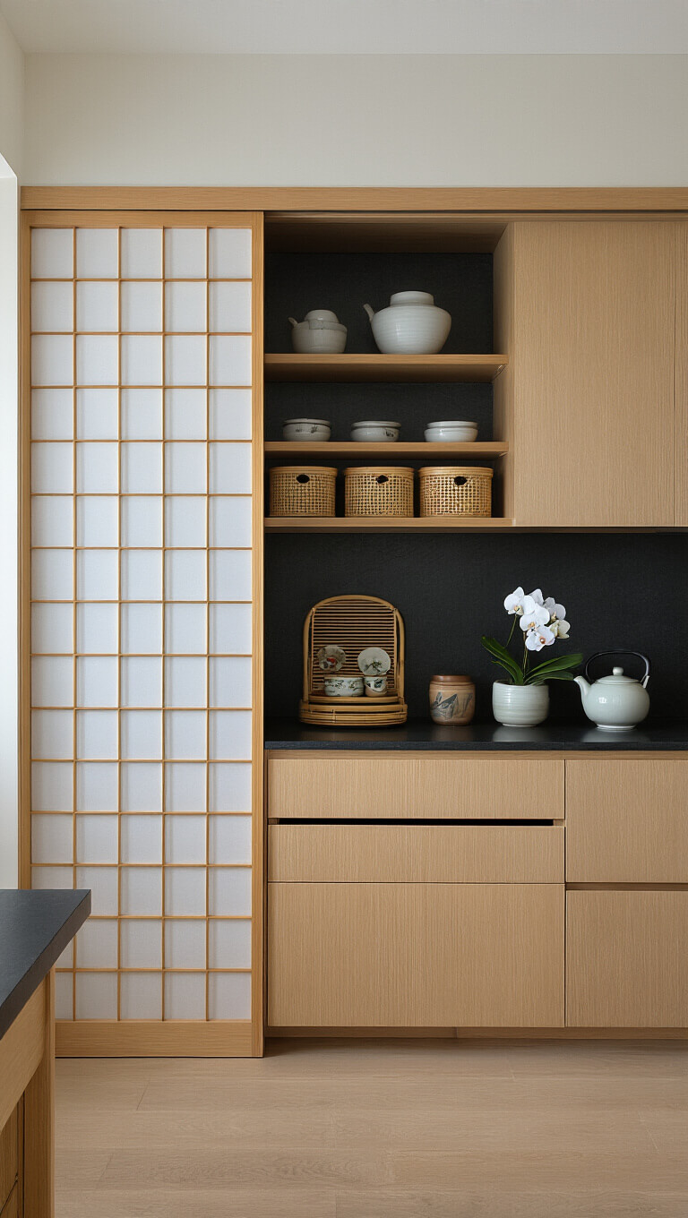 Minimalist 5x8ft Asian-inspired kitchen with pale wood cabinets, black stone countertops, shoji screen pantry door, organized tea station, bamboo drawer organizers, and a fresh orchid.