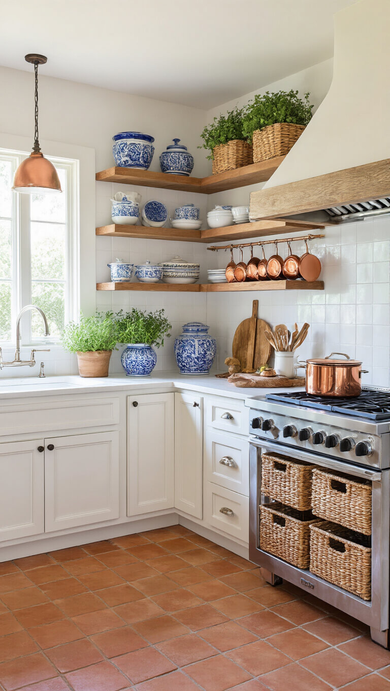 Mediterranean kitchen corner with terra cotta tile floor, white cabinets, copper cookware on open shelves, herb drying rack, blue and white ceramics, and woven market baskets in afternoon light.