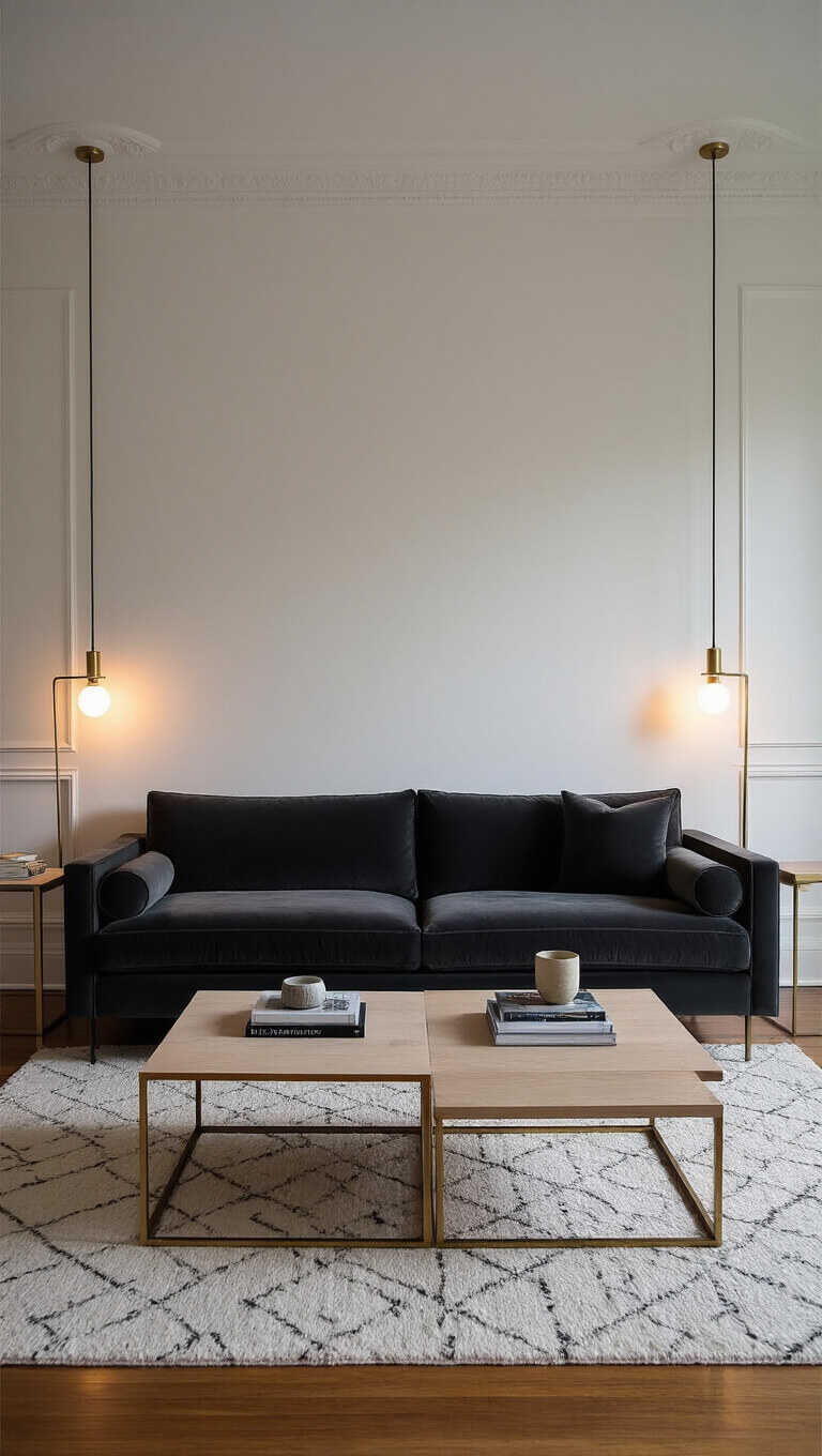 Moody modern 10x12ft living room at dusk with charcoal velvet loveseat, brass sconces, ivory walls, crown molding, and geometric oak side tables.
