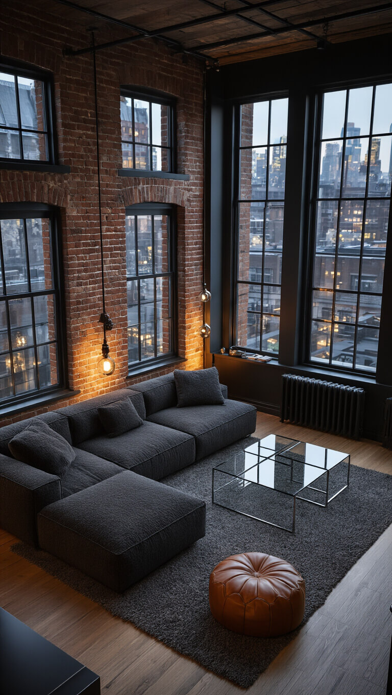 Urban 9x11ft living room at twilight with industrial-modern style, featuring exposed brick, steel windows, charcoal bouclé modular sofa, leather pouf, glass nesting tables, dark walls, metallic accents, and moody lighting.