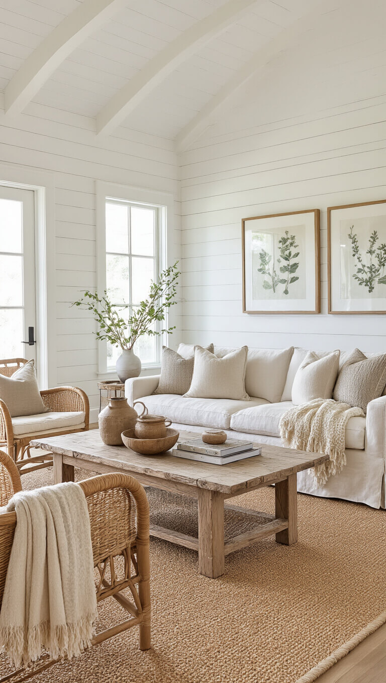 Bright coastal living room with white shiplap walls, sand-colored slipcovered sofa, woven chairs, sisal carpet, and distressed wood coffee table.