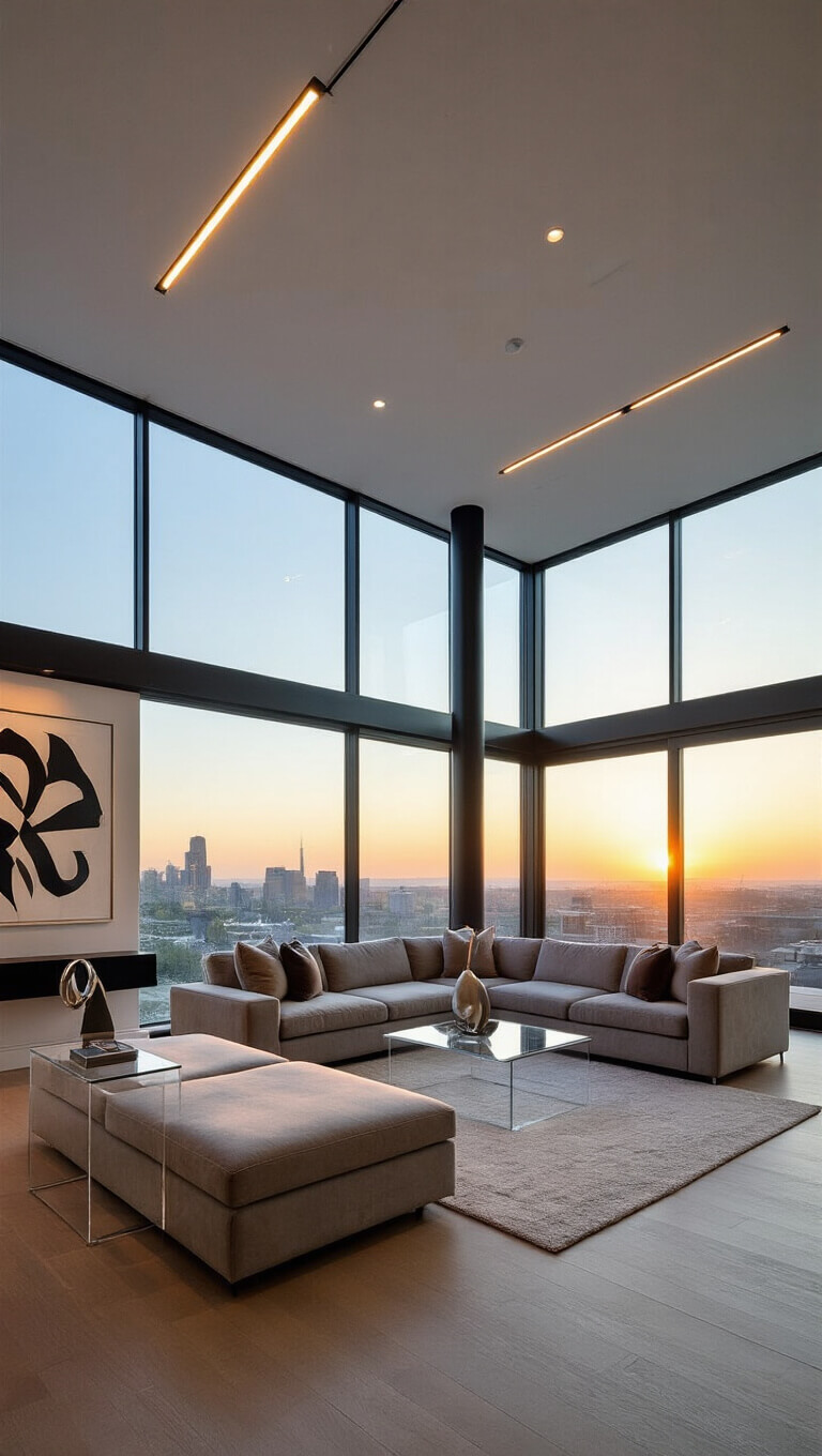 Modern open-concept living space at sunset with double-height windows, greige velvet sectional, lucite furniture, abstract art, and dramatic backlighting.
