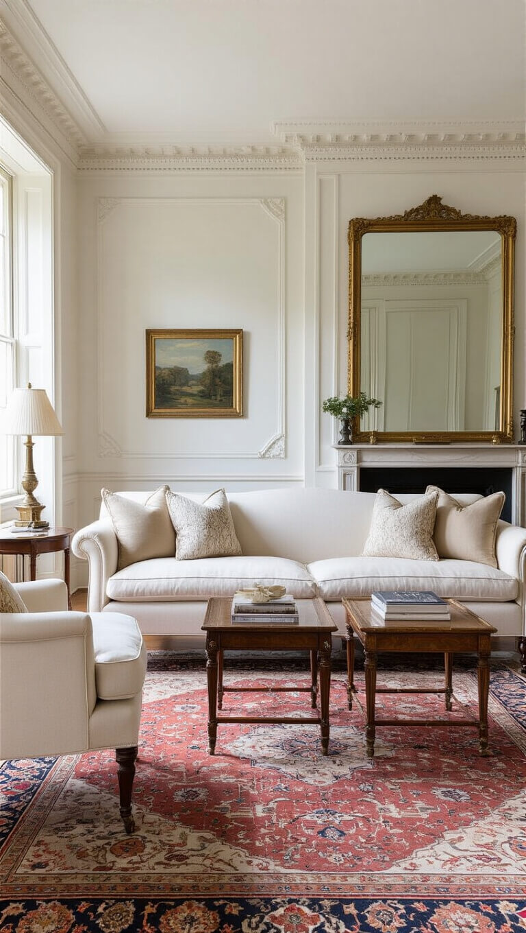 Elegant 13x13ft room with ivory English roll arm sofa, Persian rug, inlaid side tables, antique mirror, and classic moldings under soft afternoon light.