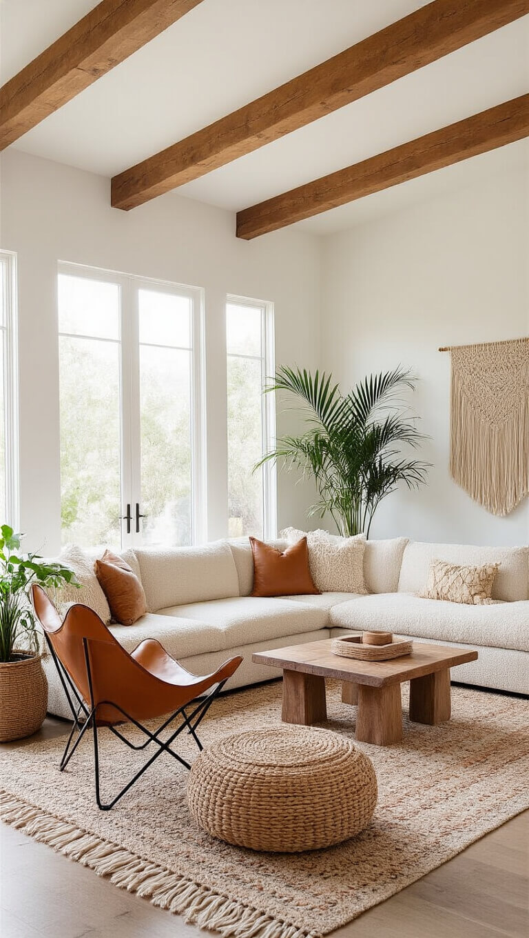 Modern bohemian living room with white walls, wooden beams, oatmeal bouclé sectional, leather butterfly chairs, woven ottomans, layered rugs, macramé wall hanging, and potted palms in bright natural midday light.