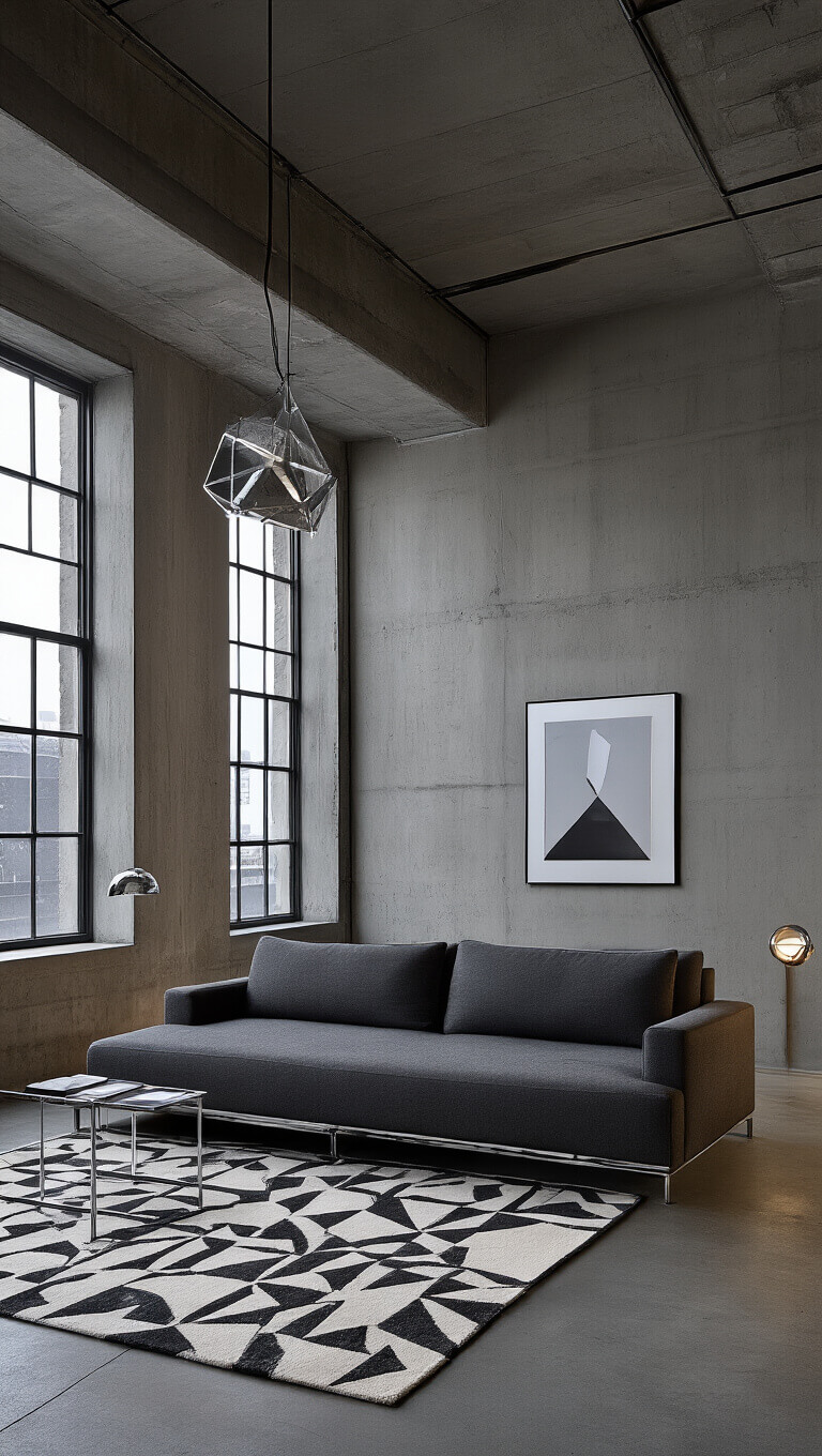 Loft-style urban living space with concrete walls, industrial windows, charcoal platform sofa, chrome furniture, geometric rug, minimalist art, and moody dusk lighting.