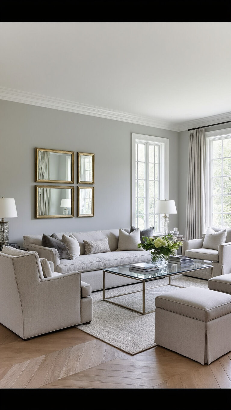 Transitional 11x14ft living room with pale gray walls, herringbone wood floors, roll arm sofa in performance twill, glass coffee table, upholstered ottomans, mixed metal accents, mirror gallery wall, and soft morning light.