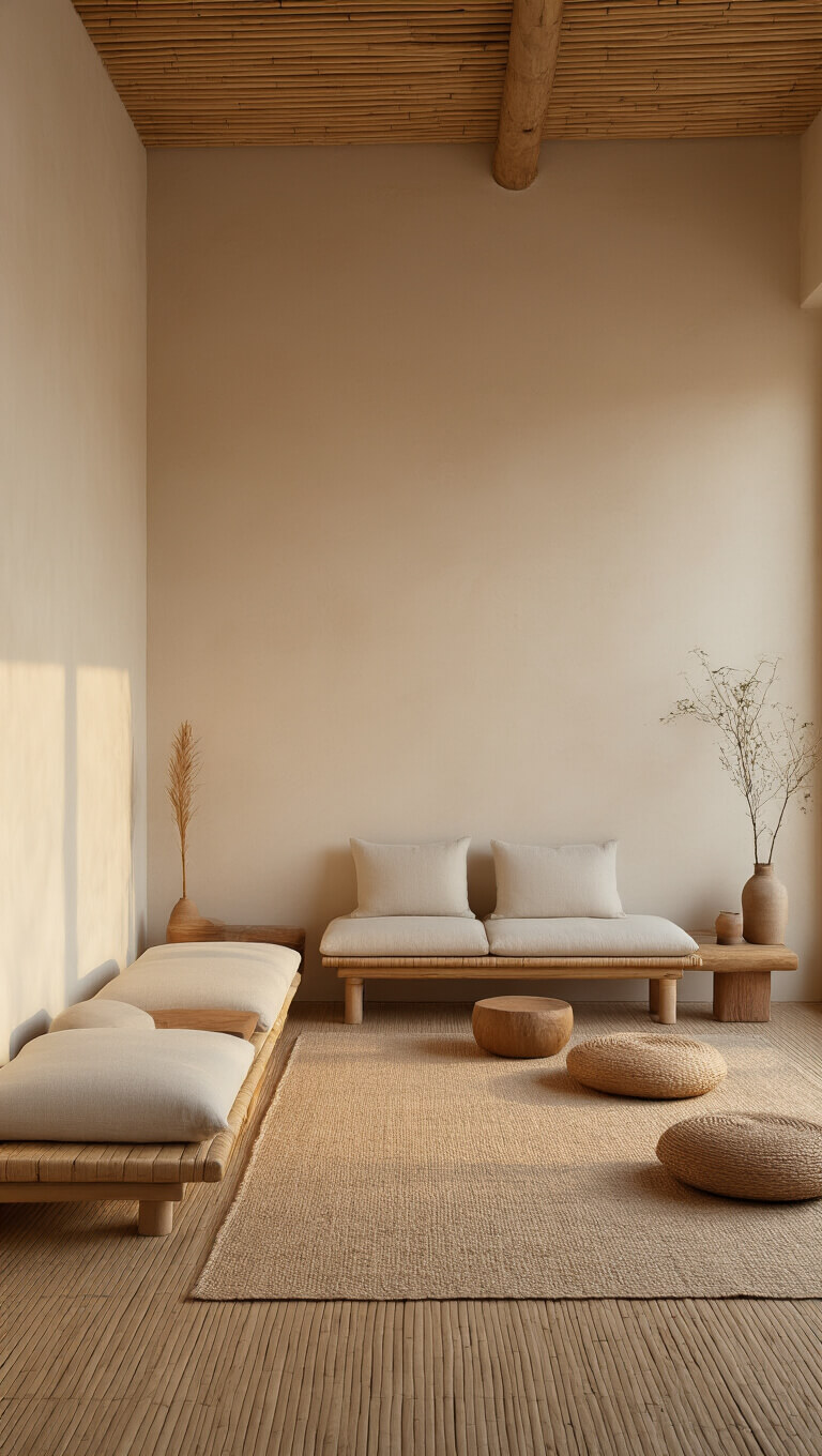 Zen-inspired 10x12ft room at golden hour with natural plaster walls, bamboo flooring, low linen seating, wooden accents, handwoven rug, and soft warm lighting.