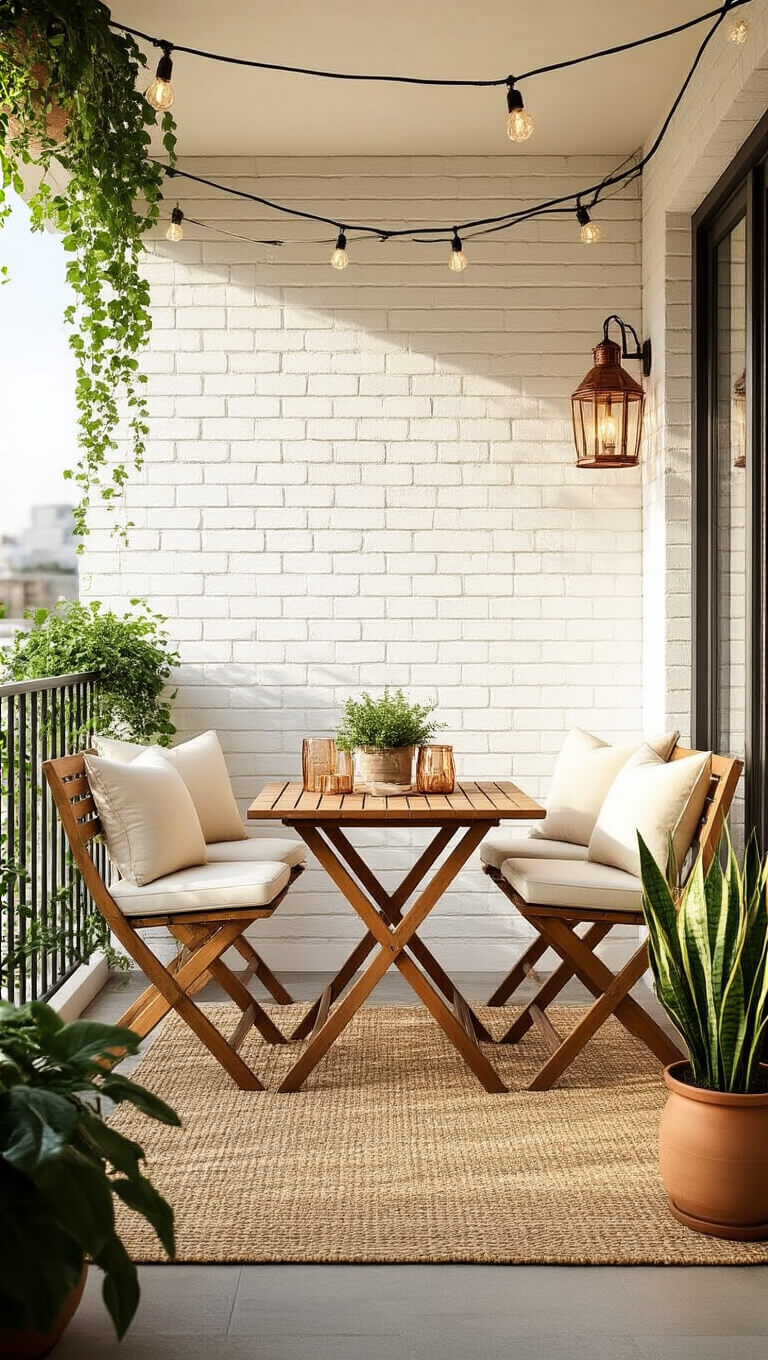 Sunlit urban balcony at golden hour with teak bistro set, white brick wall, string light bokeh, jute rug, cream cushions, copper lanterns, and potted greenery.