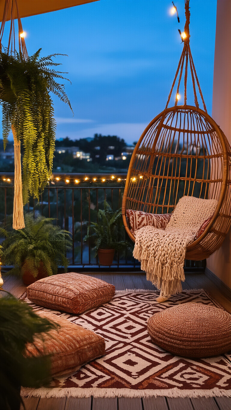 Cozy boho balcony at blue hour with Moroccan cushions, rattan hanging chair, macramé plant hangers, and warm string lights.