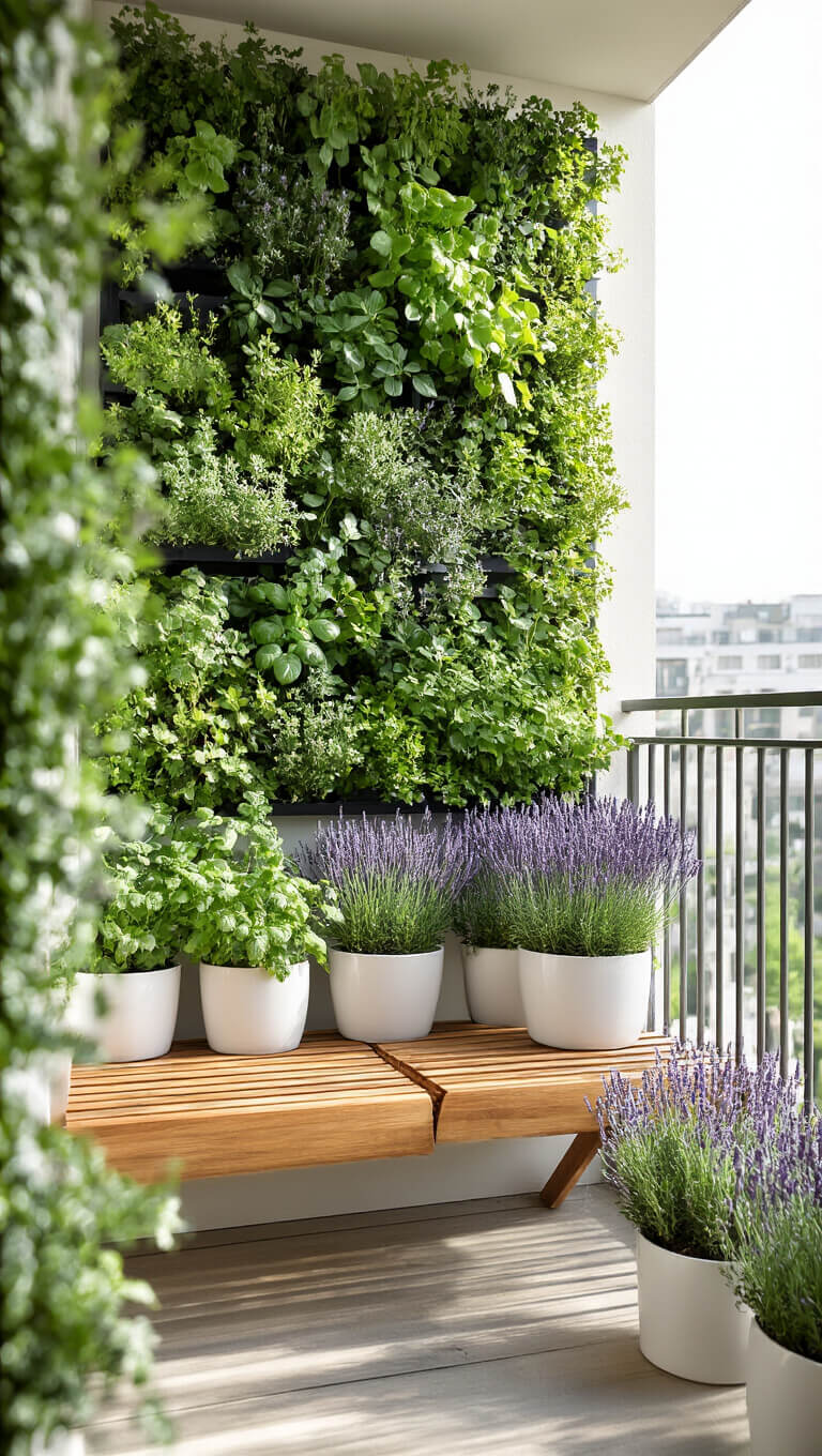 Bright morning balcony with full-height vertical garden of herbs and succulents, foldable acacia bench below, and lavender-filled white pots along railing.