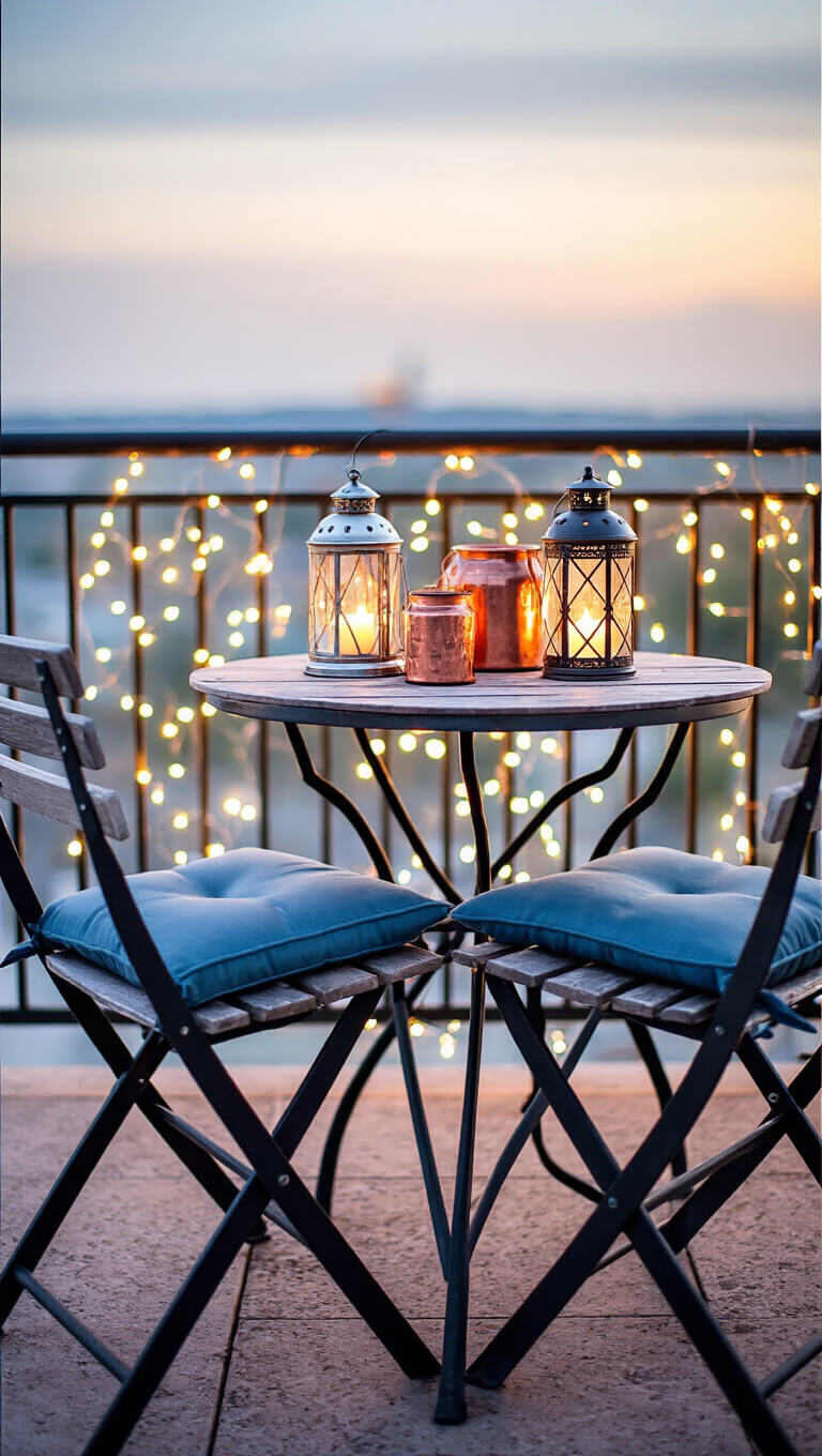 Romantic balcony scene with bistro table, lanterns, vintage copper decor, slate blue cushions, and fairy lights glowing in background.