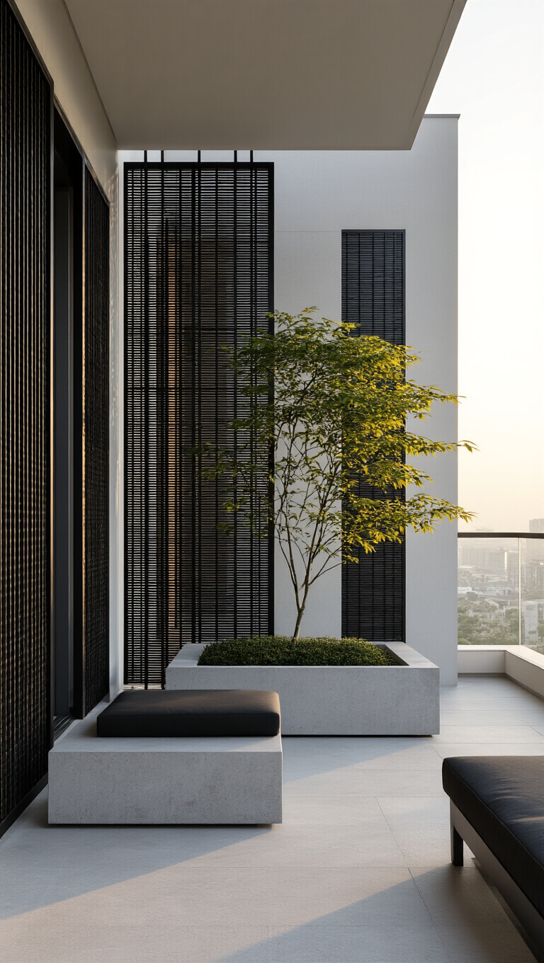 Contemporary zen balcony at sunrise with black bamboo screens, minimalist concrete planters, and a Japanese maple against a light grey wall.