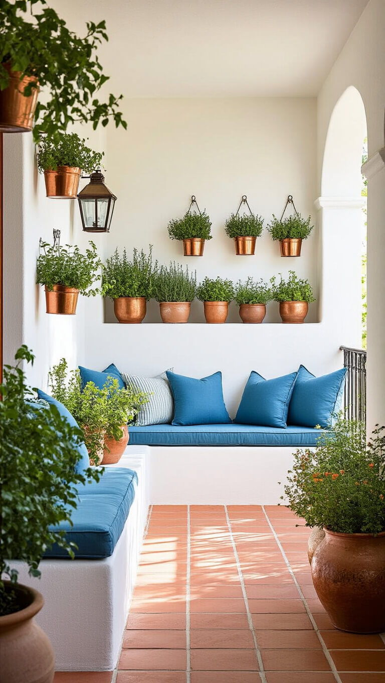 Mediterranean balcony with terra cotta tiles, built-in bench with azure cushions, whitewashed walls, copper herb planters, vintage lanterns, and ceramic vases in warm afternoon light.